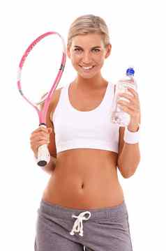 肖像网球快乐女人健身培训锻炼体育锻炼工作室动机骄傲焦点脸心态健康的女孩运动员微笑水瓶健康