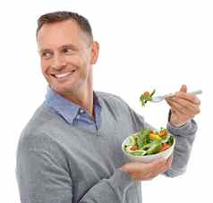 男人。沙拉蔬菜微笑吃健康的生活方式素食主义者饮食孤立的白色背景快乐人食物健康营养健康有机蔬菜餐