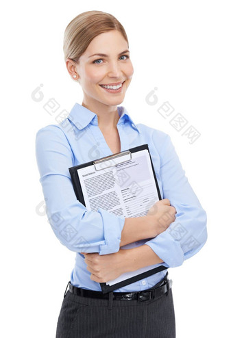 经理肖像纸剪贴板孤立的白色背景审查招聘工作面试微笑快乐工人人类资源女人合同文档招聘