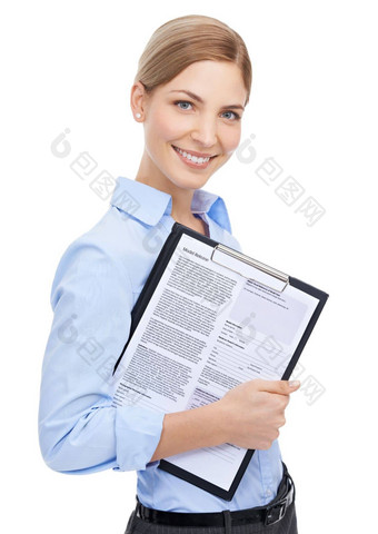 业务女人肖像合同剪贴板孤立的白色背景审查招聘工作面试微笑快乐人类资源工人纸文档招聘