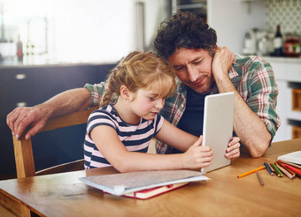 在线研究家庭<strong>作业</strong>赋值父亲帮助女儿完整的家庭<strong>作业</strong>数字平板电脑