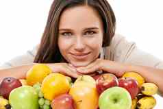女人水果快乐肖像营养早餐健康饮食健康动机白色背景模型微笑脸健康的有机水果食物孤立的表格营养学家