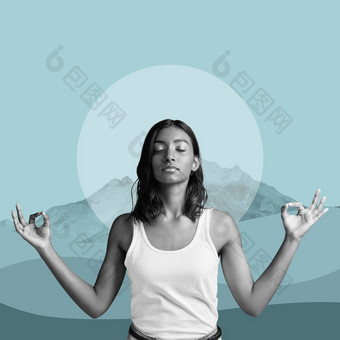 Zen冥想女人<strong>海报</strong>山蓝色的背景莲花构成平衡艺术瑜伽广告有创意的拼贴画设计健康健康平静<strong>精神</strong>上的生活方式工作室