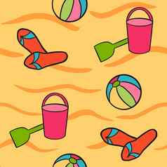手画无缝的模式夏天海滩玩具黄色的沙子红色的翻转失败绿色铲粉红色的桶蓝色的球孩子们孩子们海海洋放松假期游戏有趣的旅行假期游泳明亮的设计