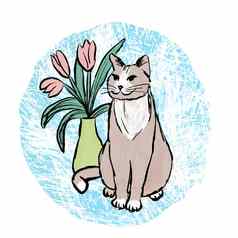 手画illsutration猫花室内植物蓝色的色彩斑斓的背景首页动物猫宠物可爱的设计海报卡时尚的艺术宽松的绘画风格礼物猫情人猫妈妈打印