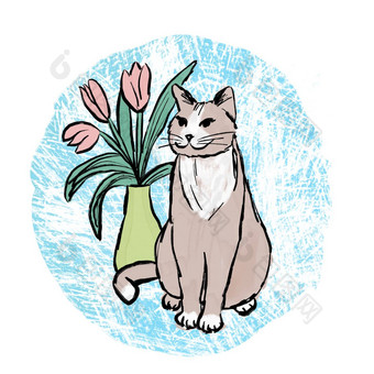 手画illsutration猫花室内植物蓝色的色彩斑斓的背景首<strong>页</strong>动物猫宠物可爱的设计<strong>海报</strong>卡时尚的艺术宽松的绘画风格礼物猫<strong>情</strong>人猫妈妈打印