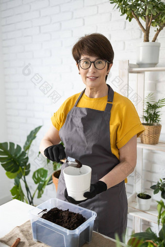 园艺首页女人种植浇水绿色植物浇水首页盆栽绿色植物首页首页丛林花装饰花店商店概念