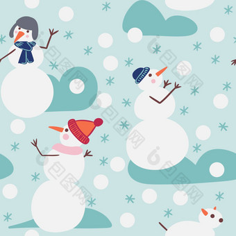 手画无缝的模式雪人玩雪球冬天雪蓝色的背景可爱的有趣的圣诞<strong>节</strong>一年装饰打印纺织包装纸<strong>卡通</strong>雪狗<strong>玩具</strong>scarft他帽快乐假期庆祝活动艺术