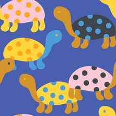 手画无缝的模式可爱的海乌龟乌龟黄色的蓝色的打印孩子们孩子们托儿所装饰有趣的动物波尔卡点贝壳简单的极简主义风格纺织包装纸