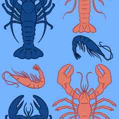 手画无缝的模式橙色蓝色的龙虾绿松石背景海洋海军水下海食物海洋餐厅咖啡馆菜单水生动物生物航海打印设计