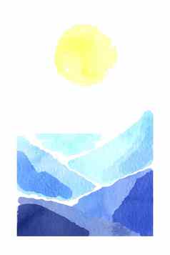 水彩景观蓝色的山视图太阳