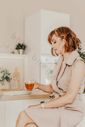 女人茶苹果笔记本电脑厨房肖像浅黑肤色的女人米色衣服透明的杯子手坐着表格厨房工作移动PC