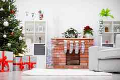 房间圣诞节装饰砖壁炉木