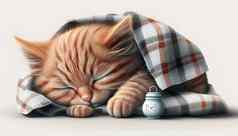 灰色的小猫睡觉灰色的格子羊毛毯子流苏拥抱软米色针织玩具