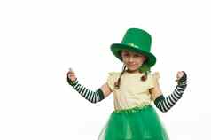 爱尔兰女孩小妖精狂欢节服装帕特里克的一天翻阅相机白色背景