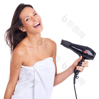 电吹风最喜欢的美设备工作室肖像有吸引力的女人头发干燥机