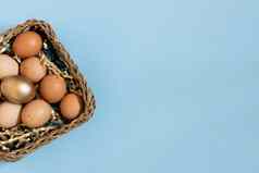 礼物篮子复活节鸡蛋金自然颜色鸡蛋篮子前视图鸡蛋柔和的蓝色的背景
