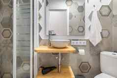 灰色的多边形观赏瓷砖浴室别致的淋浴虚荣水槽概念时尚的设计师浴室公寓国家房子
