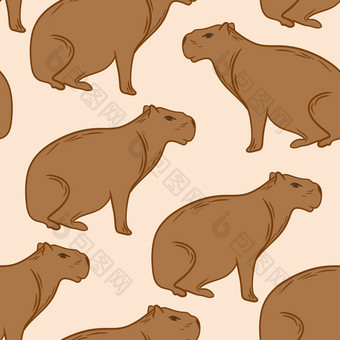 手画无缝的模式可爱的水豚动物米色棕色（的）白色背景野生野生动物自然动物园动物学动物吉祥物啮齿动物轮廓毛茸茸的物种简单的极简主义行设计