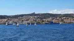 白色游艇锚定蓝色的湾撒丁岛意大利美丽的海景船只集团白色游艇停泊阳光明媚的湾