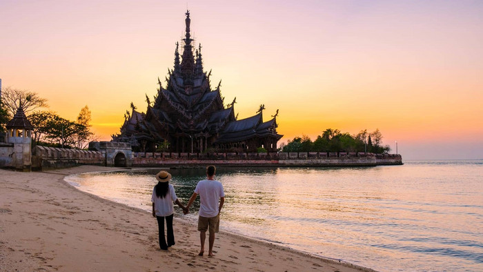 圣所真理芭堤雅泰国木寺庙海洋日落海滩芭堤