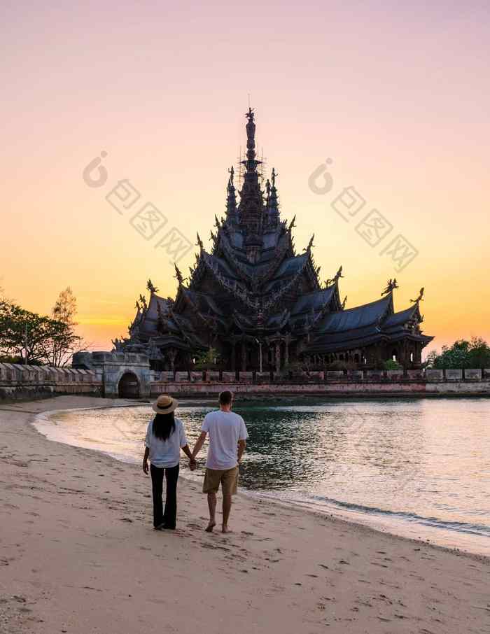 圣所真理芭堤雅泰国木寺庙海洋日落海滩芭堤