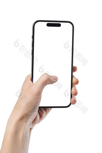 电话手白色孤立的背景女人持有电话手特写镜头按屏幕电话手指空白白色电话屏幕复制空间