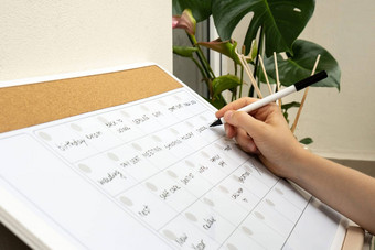 女手写作标记每月规划师填满任命计划月忙月时间表磁董事会天月的地方输入重要的重要的时间表概念业务规划白板规划师磁每月模板