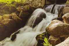 瀑布级联奥利维亚公共公园格但斯克波兰河瀑布瀑布悬崖树长曝光旅游吸引力小瀑布清晰的水