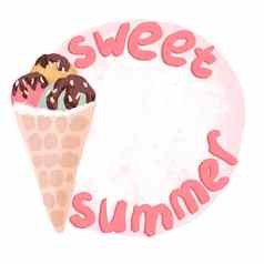 手画轮框架冰奶油锥复古的古董风格粉红色的薄荷黄色的轮形状巧克力甜蜜的美味的夏天假期食物有趣的设计色彩斑斓的海滩艺术美味的甜点甜蜜的夏天轮形状