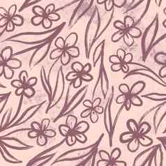 手画无缝的模式紫色的紫色黛西花粉红色的背景简单的极简主义花打印卡通放荡不羁的波西米亚风格春天花园自然植物浪漫的艺术