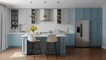 蓝色的厨房室内岛时尚的厨房白色台面
