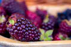 特写镜头自然黑莓丰盛的碗黑莓