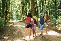 夏季周末孩子们漫步森林旅行设备