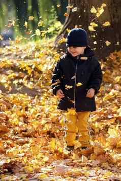 快乐孩子玩黄色的秋天叶子