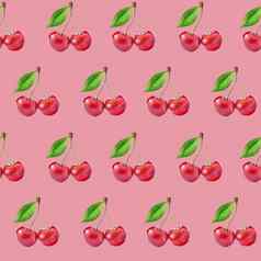 插图现实主义无缝的模式浆果红色的樱桃绿色叶粉红色的背景