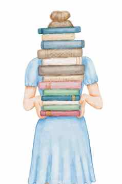 年轻的女学生衣服持有堆栈书女孩书手孤立的白色水彩插图