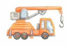 建设卡车起重机水彩插图孤立的白色幼稚的可爱的建设车辆