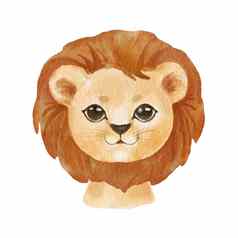 可爱的肖像狮子头卡通风格画非洲婴儿野生猫脸孤立的白色背景水彩甜蜜的狮子孩子们海报卡丛林动物