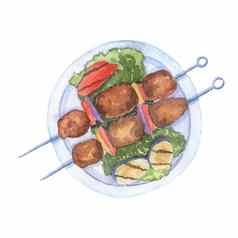 肉烤肉串煮熟的野餐蔬菜烤肉孤立的白色烧烤插图