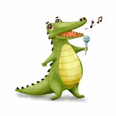 可爱的鳄鱼歌手有趣的鳄鱼麦克风孤立的白色卡通插图动物字符唱歌首歌