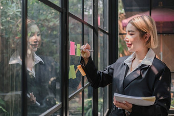 年轻的女商人有创意的团队帖子笔记玻璃墙写作策略业务计划发展成长成功