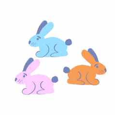手画插图橙色蓝色的粉红色的复活节兔子小兔子可爱的兔子春天草花园有趣的卡通孩子们孩子们托儿所农场动物打印