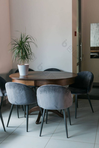 灰色椅子木表格绿色植物能极简主义咖啡馆室内海报窗口