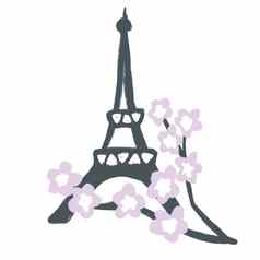手画插图埃菲尔铁塔塔樱桃开花花蓝色的背景巴黎法国法国巴黎城市织物打印春天春天花花设计旅游吸引力假期欧洲