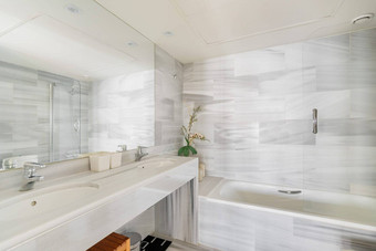 时尚的浴室镜子水槽橱柜背景浴缸公寓概念设计师改造简洁的颜色房子Copyspace