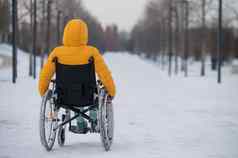 高加索人女人残疾的人游乐设施椅子公园冬天回来视图女孩走轮椅