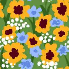 手画无缝的模式野花野生场花白色蓝色的黄色的草本植物绿色背景可爱充满活力的设计纺织夏天春天自然矢车菊打印英语草地艺术植物织物
