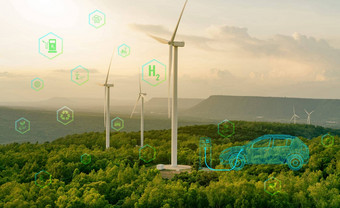 绿色氢气体生产风农场可持续发展的可再生能源电车填充氢加油站燃料细胞车辆网发射未来能源绿色技术
