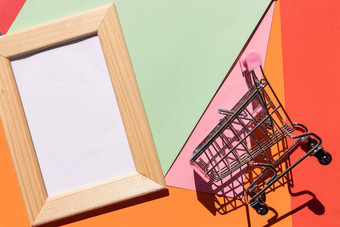 广告横幅促销活动登记木框架购物车明亮的色彩斑斓的背景空白设计概念照片框架模拟空间文本